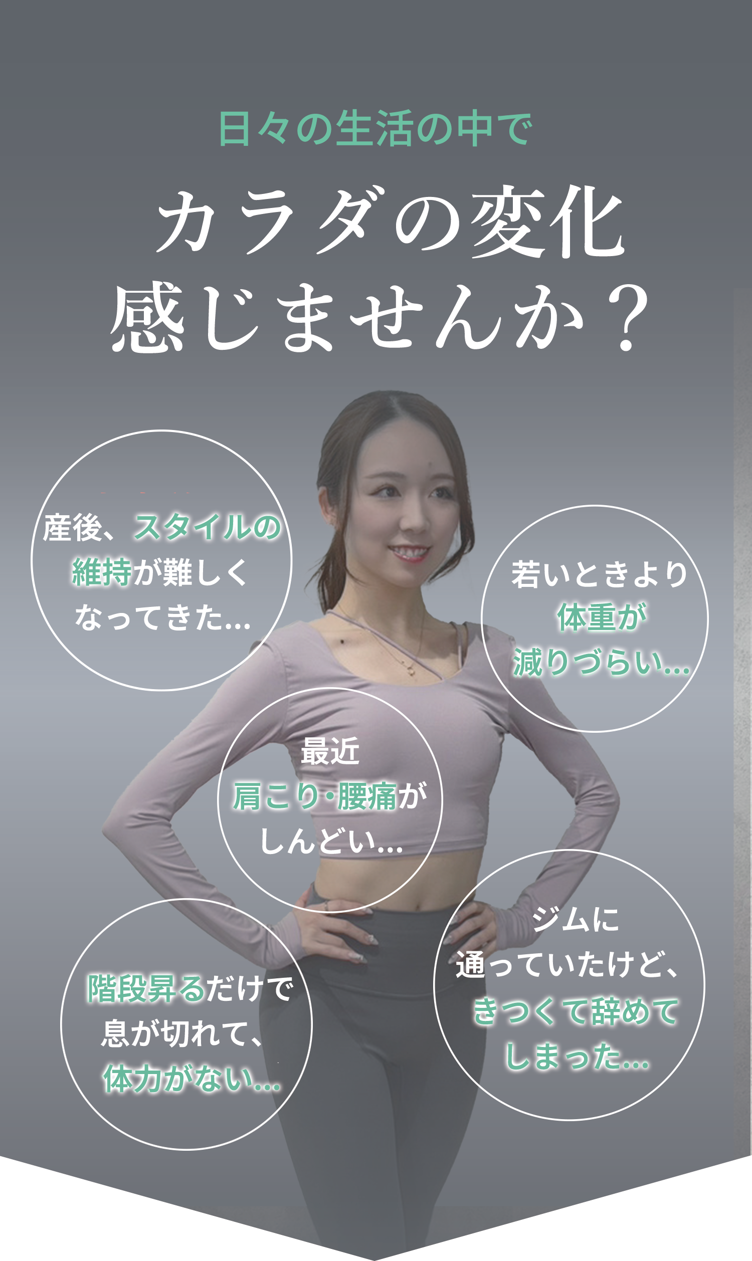 カラダの変化を感じているあなた 早めに行動に移しませんか？出産前の体型に戻したい、二の腕のたるみをなくしたい、運動不足を解消したい、歪みを整えてカラダを引き締めたい、しなやかなカラダを手に入れたい